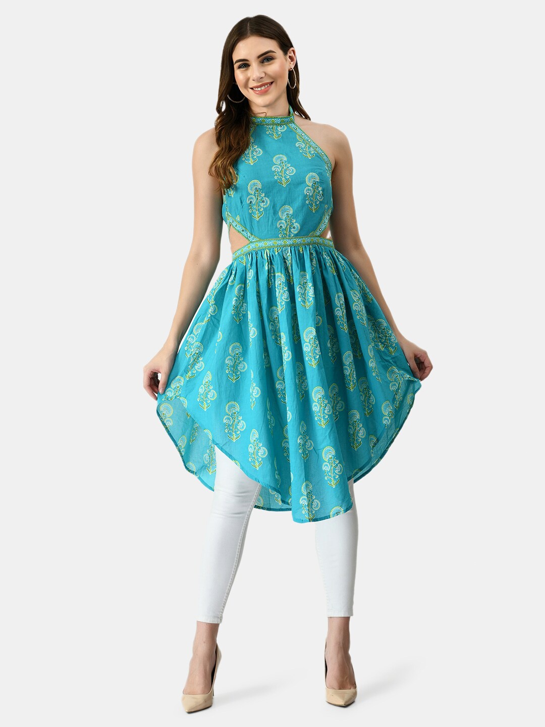 

KALINI Women Blue & Green Floral Halter Neck Dress