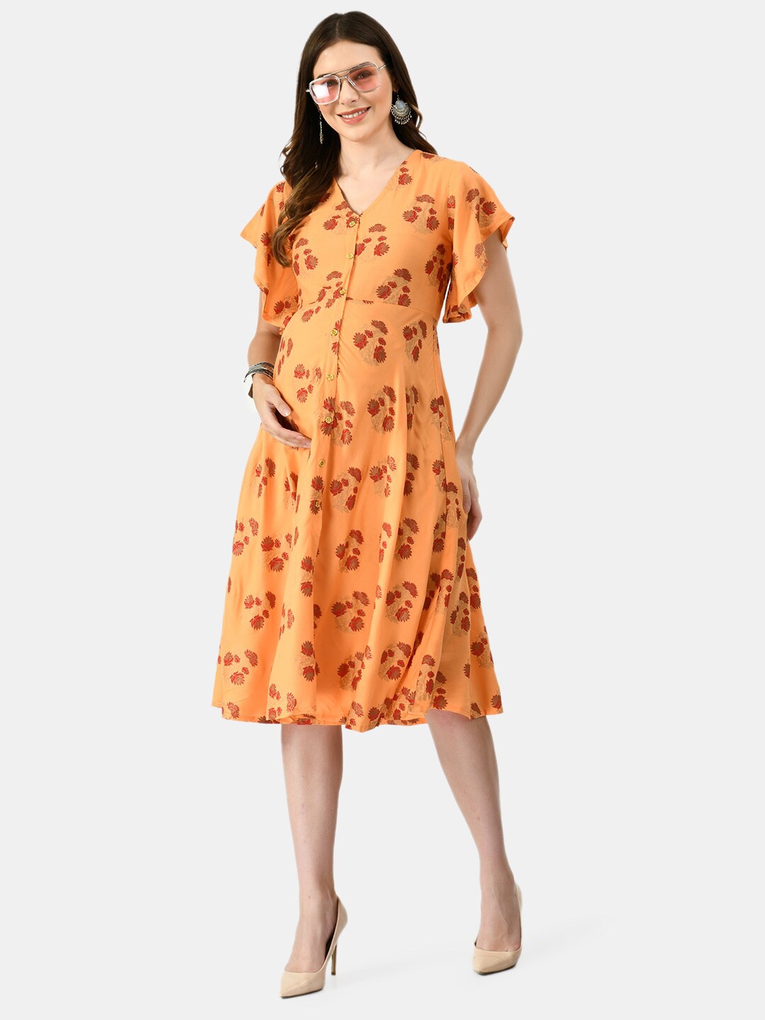 

KALINI Women Orange & Maroon Floral Maternity Midi Dress