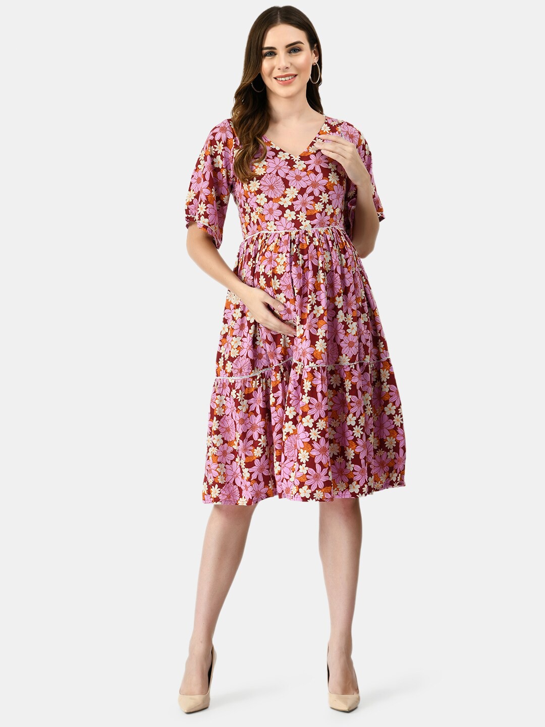 

KALINI Women Pink & Maroon Floral Tiered Maternity Dress