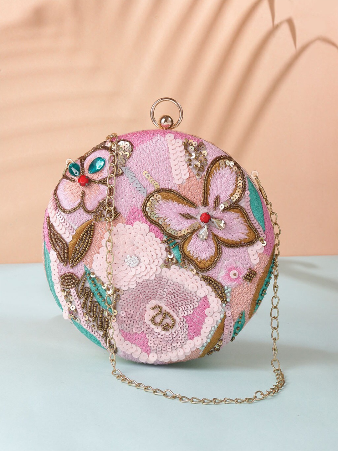 

Swisni Pink & Gold-Toned Embroidered Box Clutch