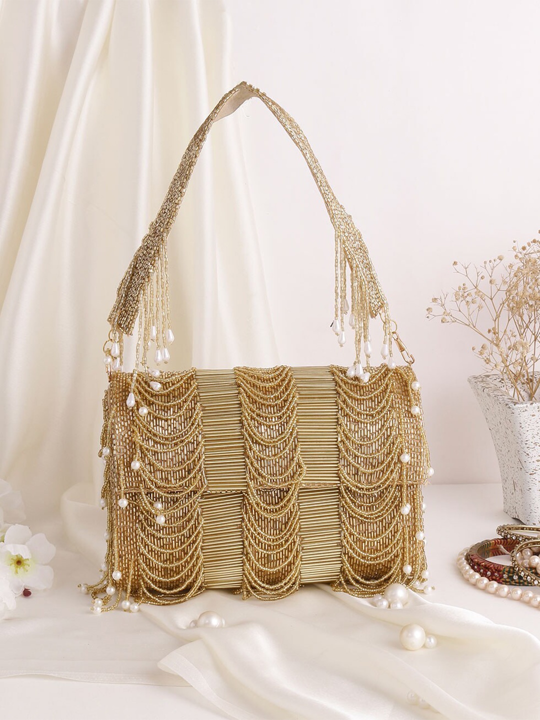 

Swisni Gold-Toned & White Embellished Purse Clutch