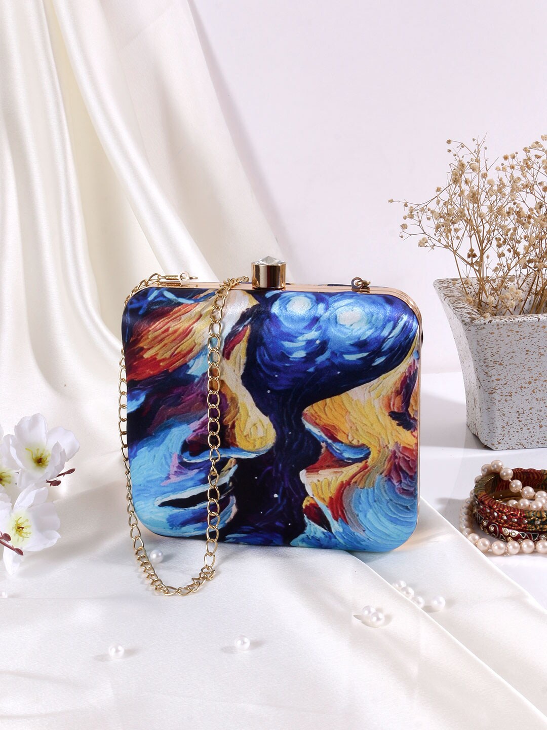 

Swisni Blue & Gold-Toned Printed Box Clutch