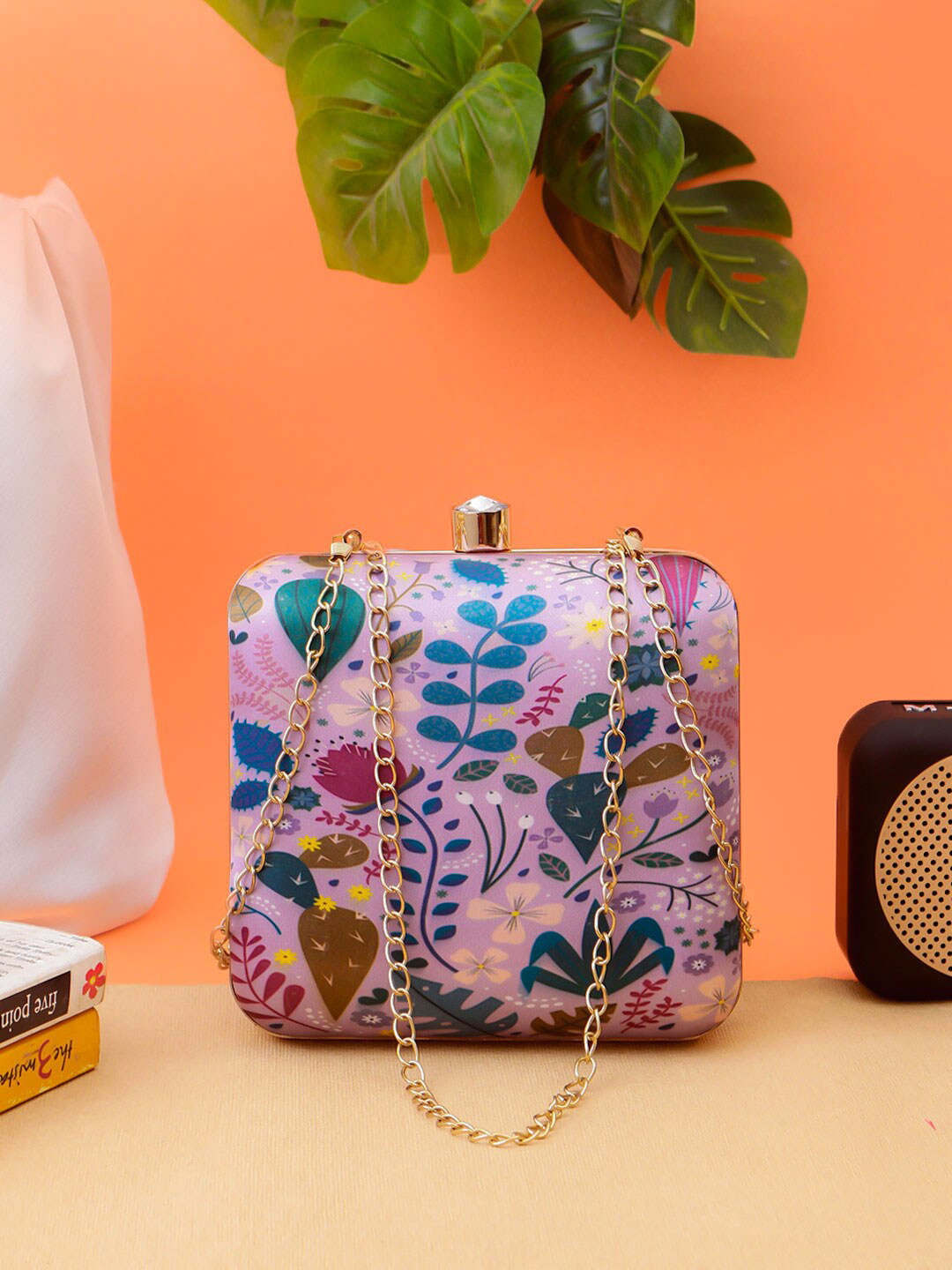 

Swisni Pink & Blue Printed Box Clutch