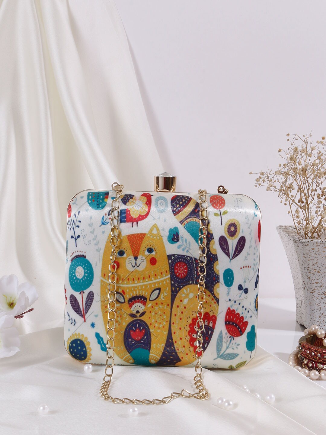 

Swisni Yellow & White Printed Box Clutch