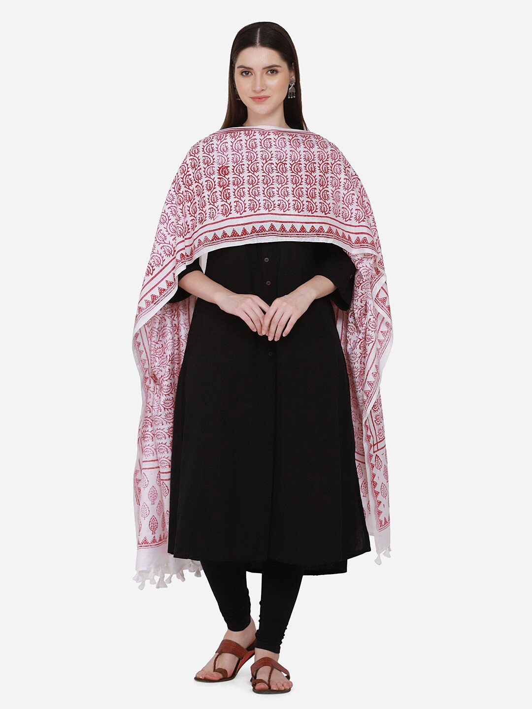 

THE WEAVE TRAVELLER Red & White Paisley Printed Art Silk Block Print Dupatta