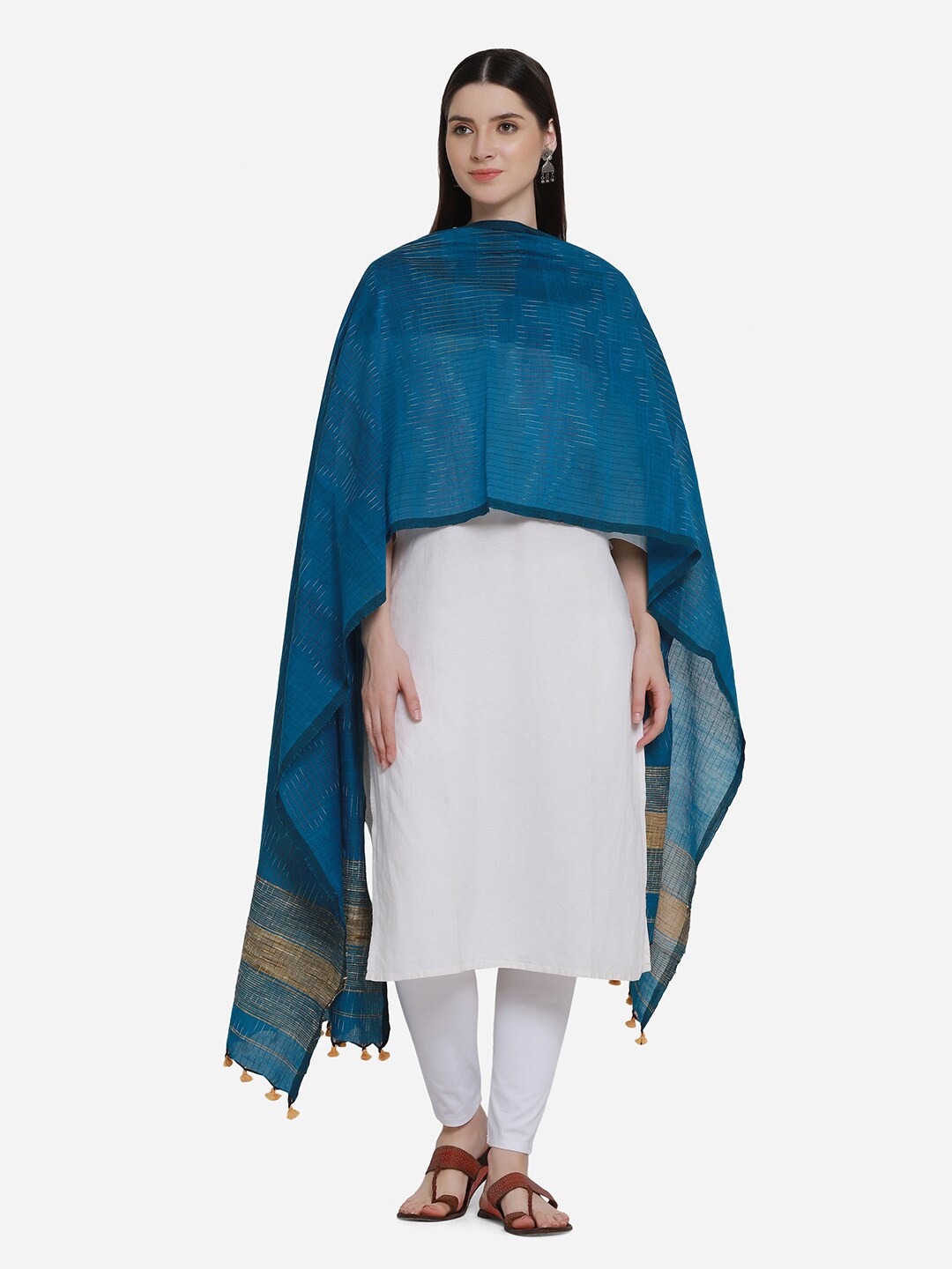 

THE WEAVE TRAVELLER Turquoise Blue & Brown Striped Pure Cotton Dupatta