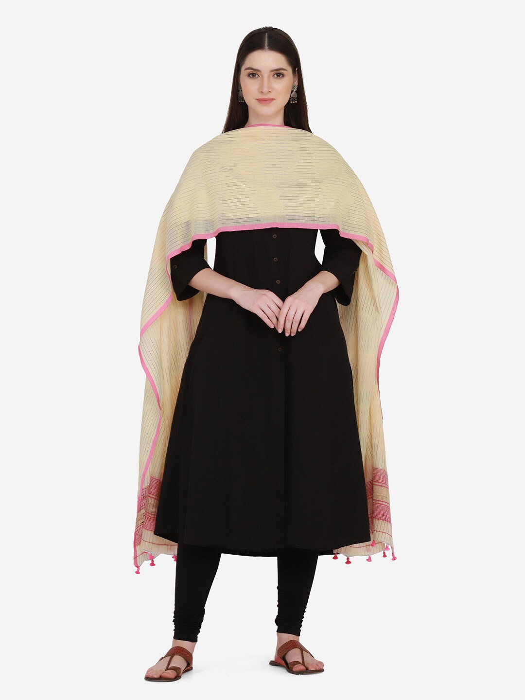 

THE WEAVE TRAVELLER Beige & Pink Striped Pure Cotton Dupatta