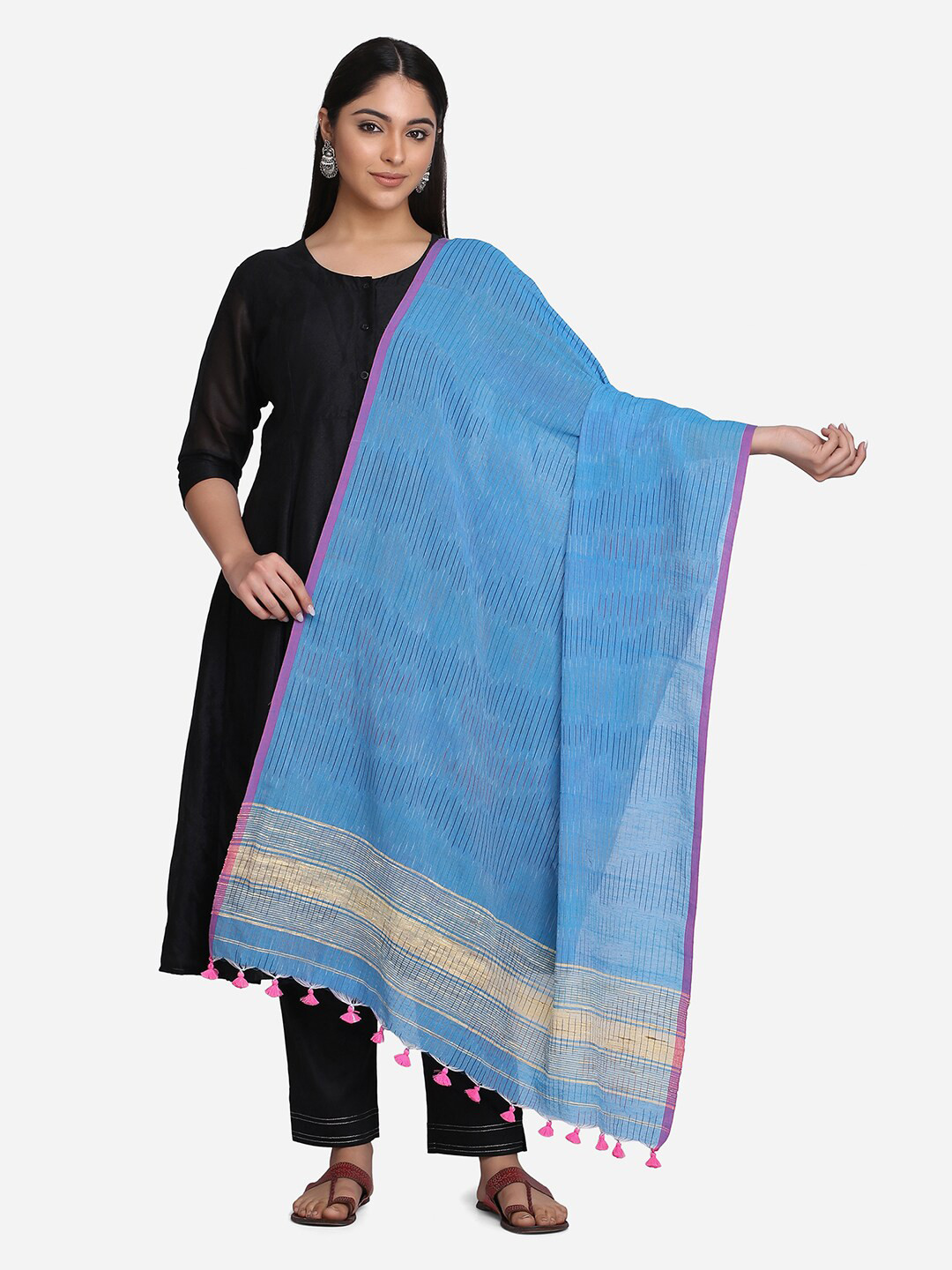 

THE WEAVE TRAVELLER Blue & Gold-Toned Printed Pure Cotton Dupatta