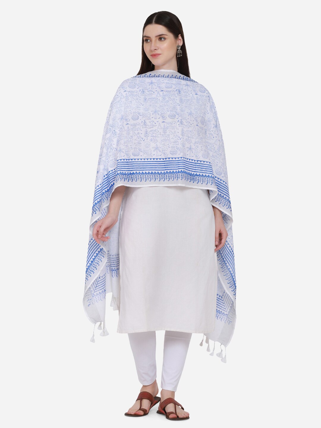 

THE WEAVE TRAVELLER White & Blue Ethnic Motifs Printed Dupatta