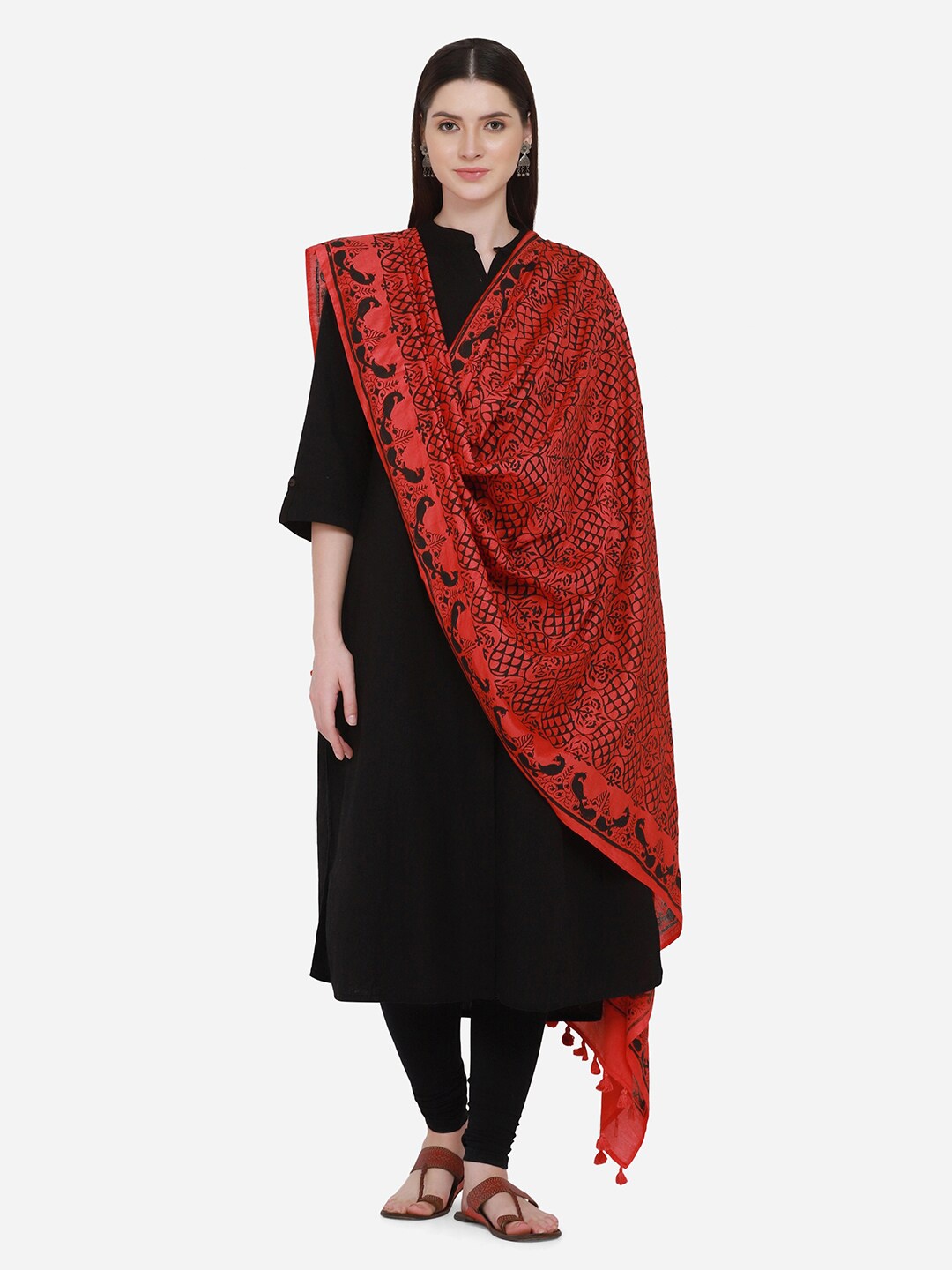 

THE WEAVE TRAVELLER Red And Black Ethnic Motifs Block Printed Art Silk Dupatta