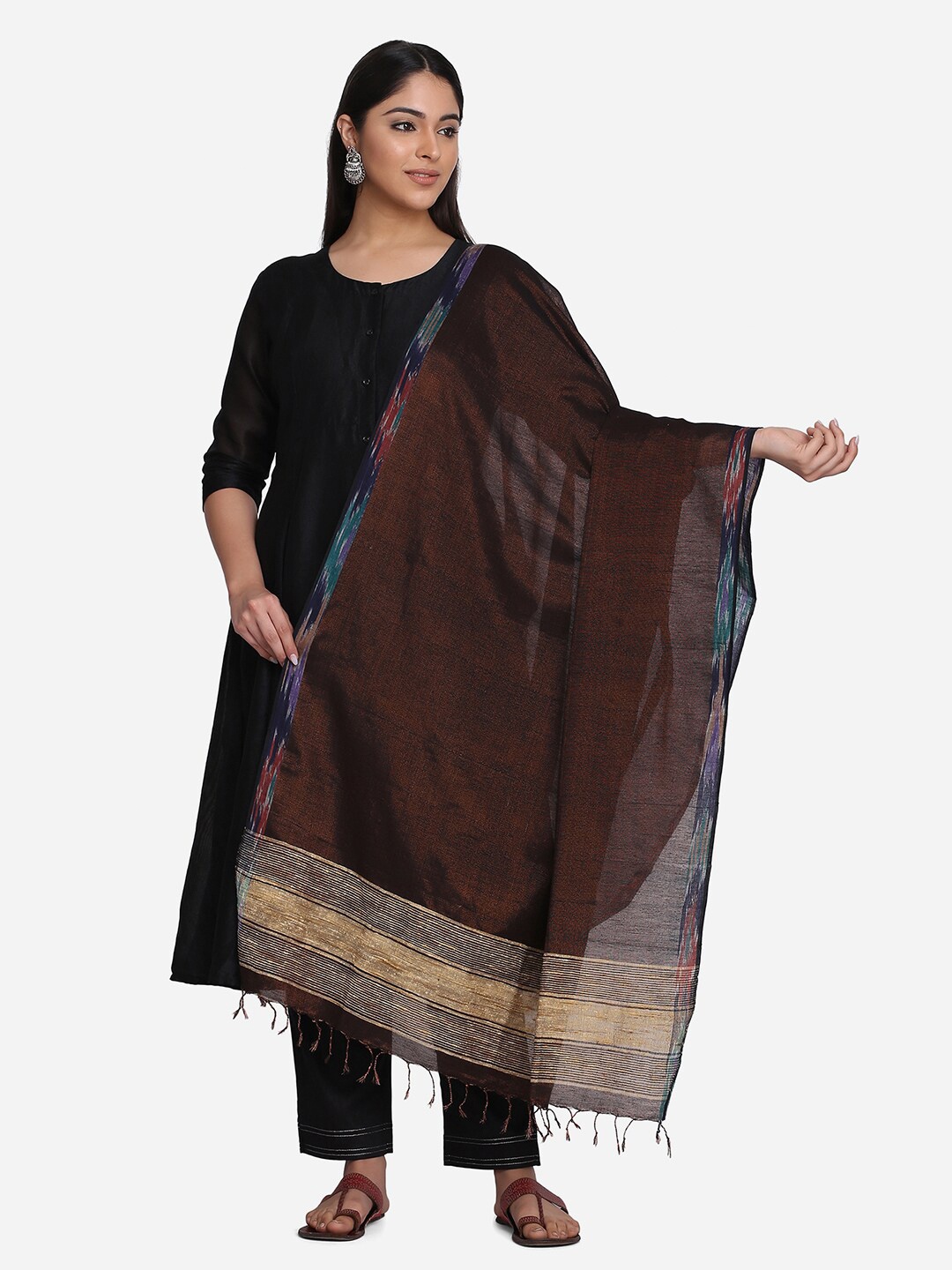 

THE WEAVE TRAVELLER Brown & Red Cotton Blend Dupatta