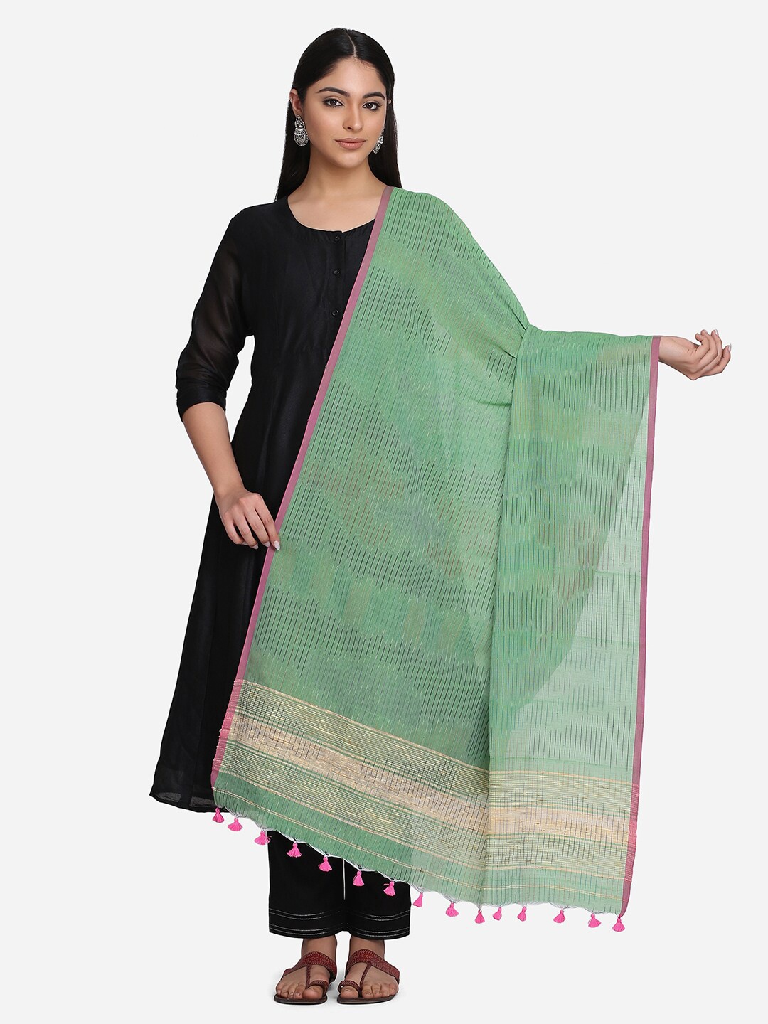 

THE WEAVE TRAVELLER Green & Pink Striped Pure Cotton Dupatta