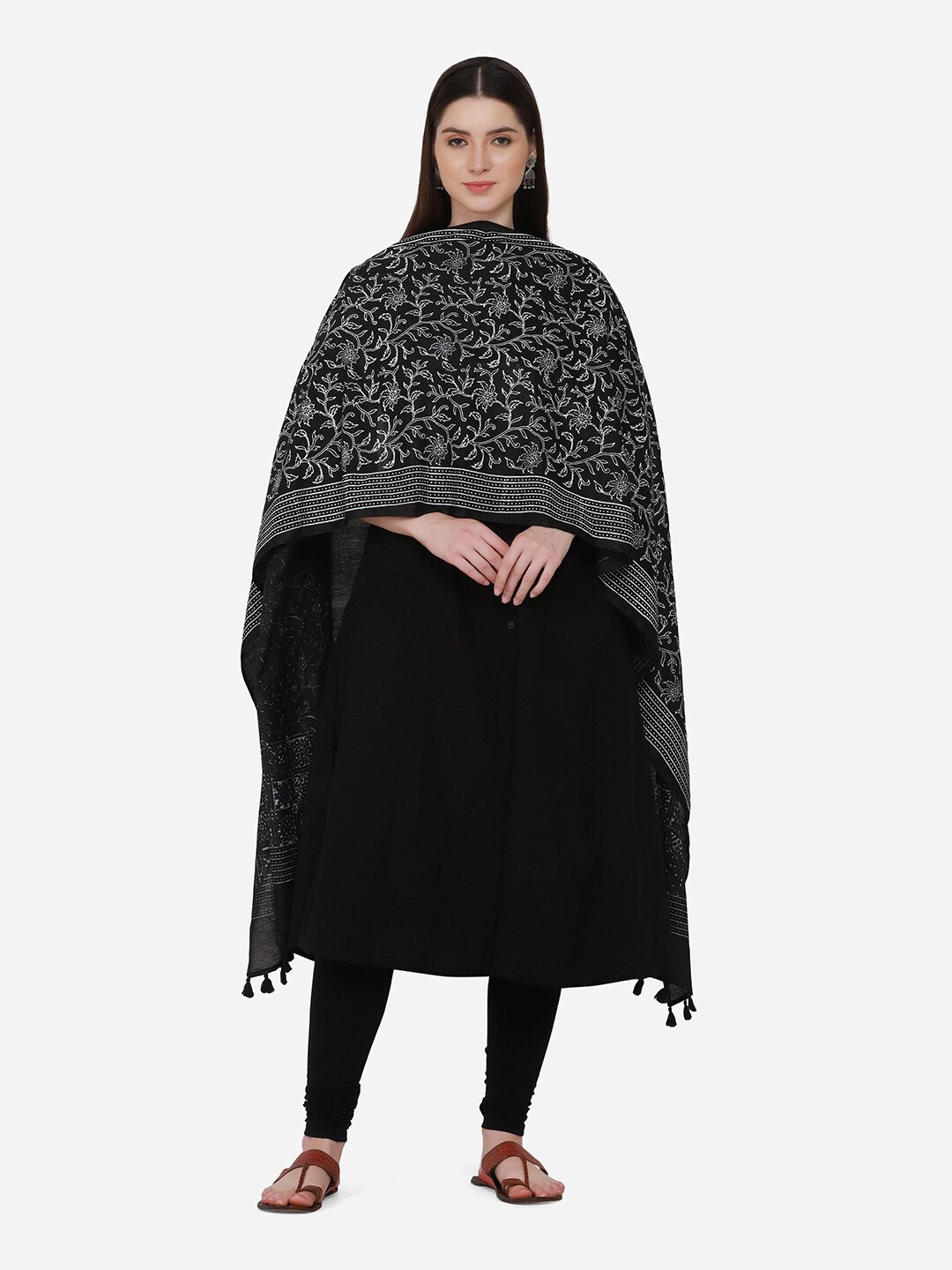 

THE WEAVE TRAVELLER Women Black & White Floral Printed Art Silk Dupatta