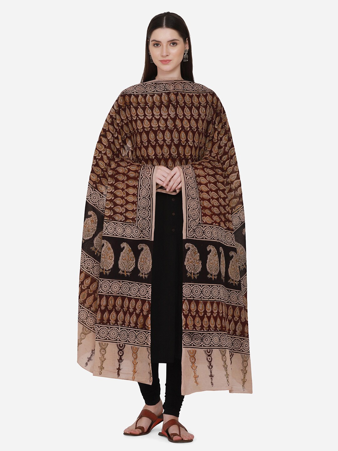 

THE WEAVE TRAVELLER Maroon & Beige Paisley Printed Pure Cotton Kalamkari Dupatta
