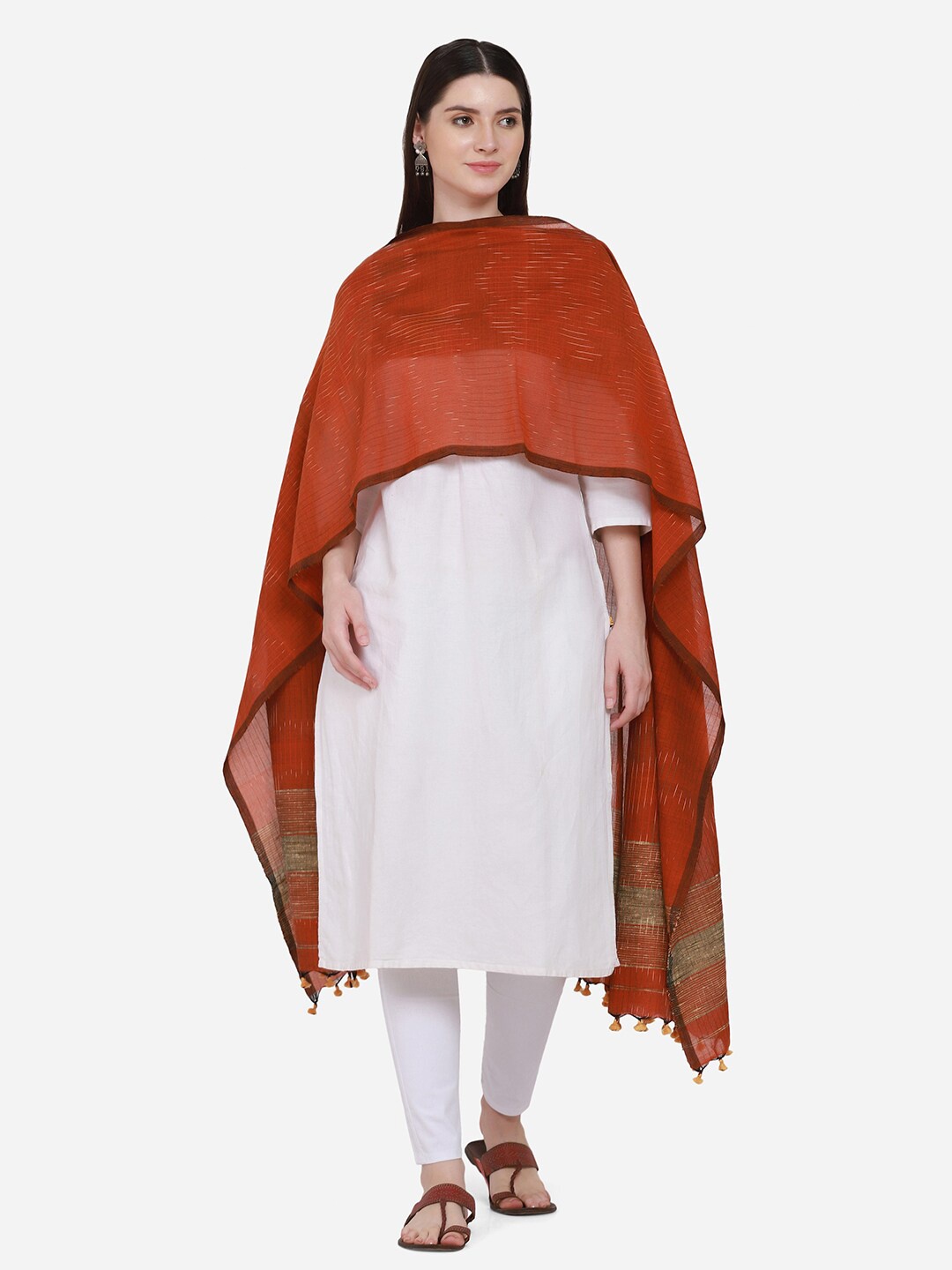 

THE WEAVE TRAVELLER Rust & Beige Striped Pure Cotton Dupatta