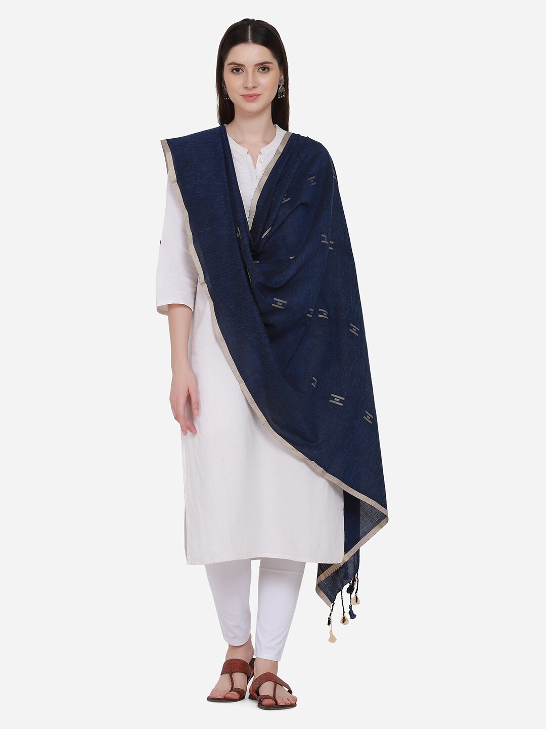 

THE WEAVE TRAVELLER Blue & Cream-Coloured Woven Design Pure Cotton Dupatta