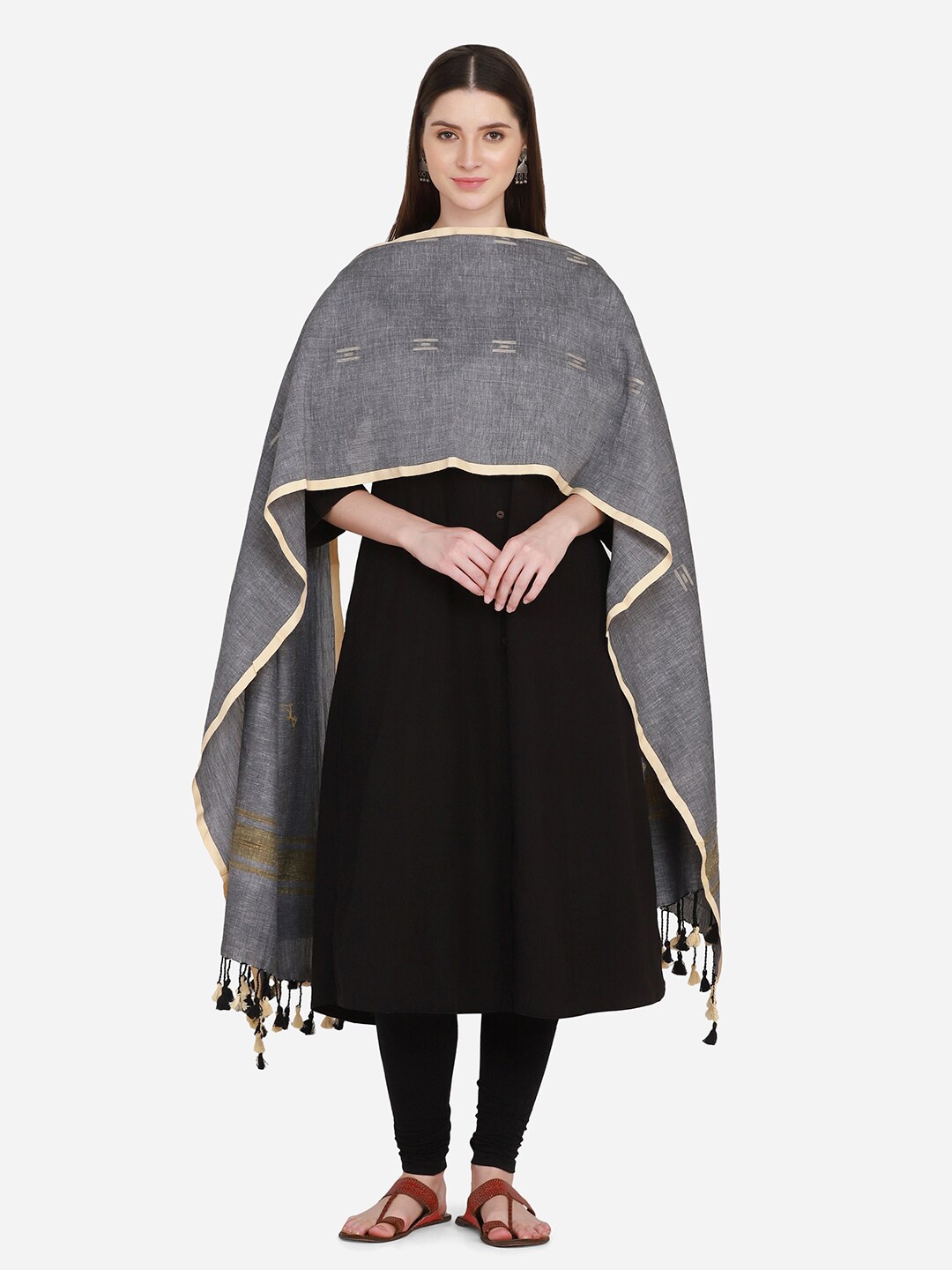 

THE WEAVE TRAVELLER Grey & Cream-Coloured Woven Design Pure Cotton Dupatta