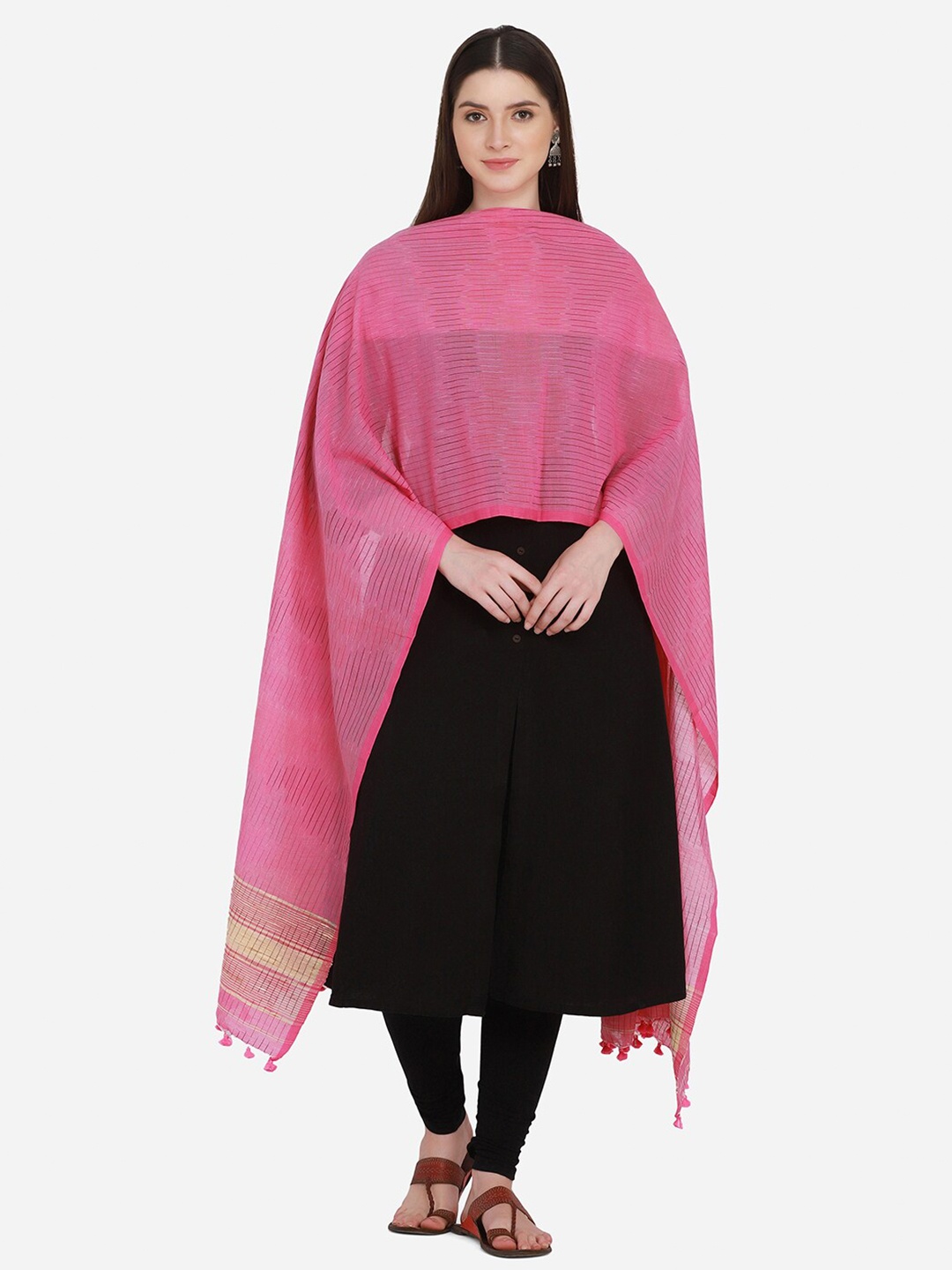

THE WEAVE TRAVELLER Pink & Cream-Coloured Striped Pure Cotton Dupatta with Zari