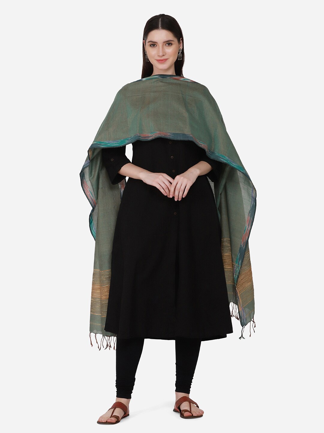 

THE WEAVE TRAVELLER Green & Brown Solid Dupatta