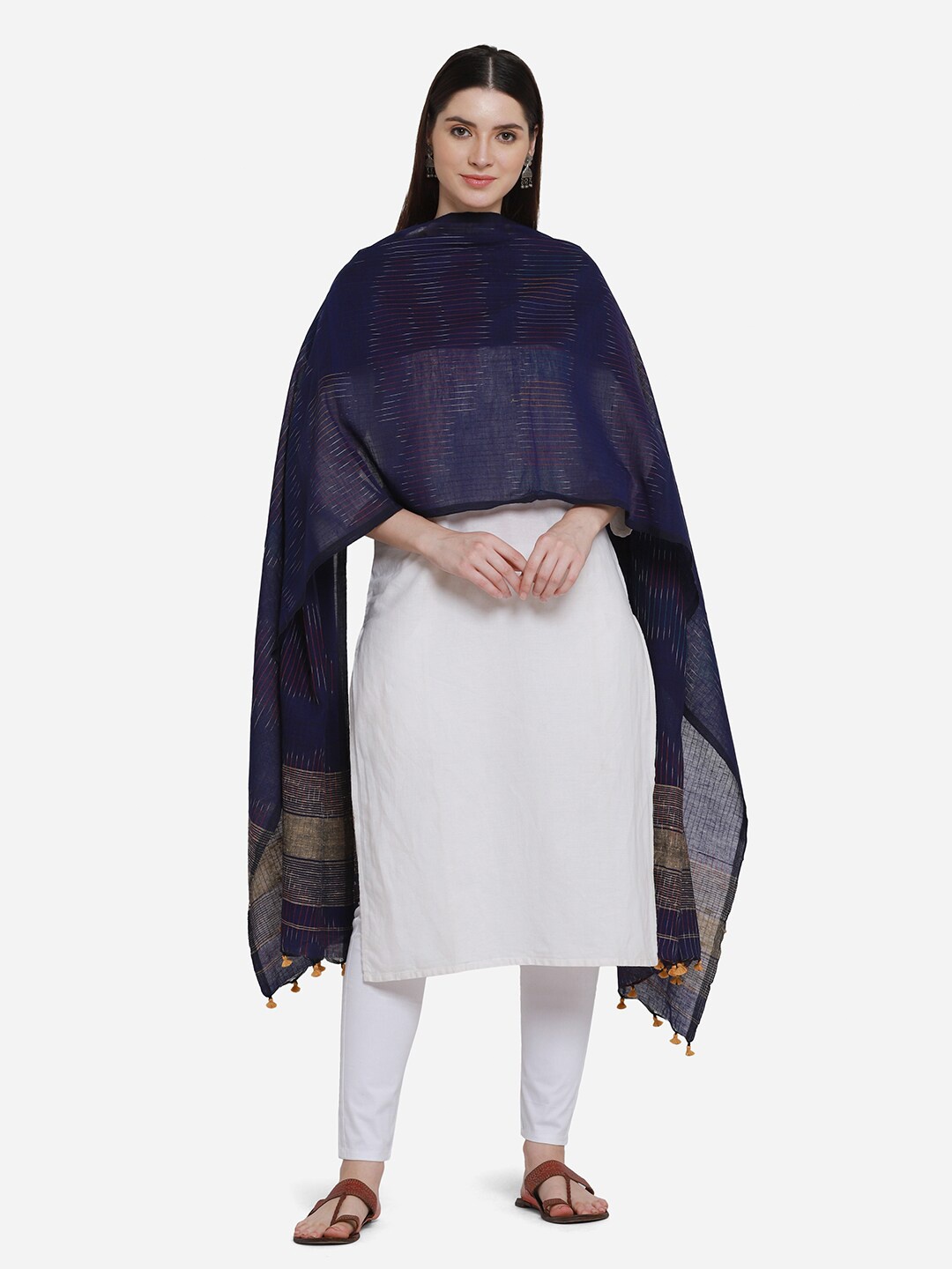 

THE WEAVE TRAVELLER Navy Blue & Yellow Striped Pure Cotton Dupatta with Zari