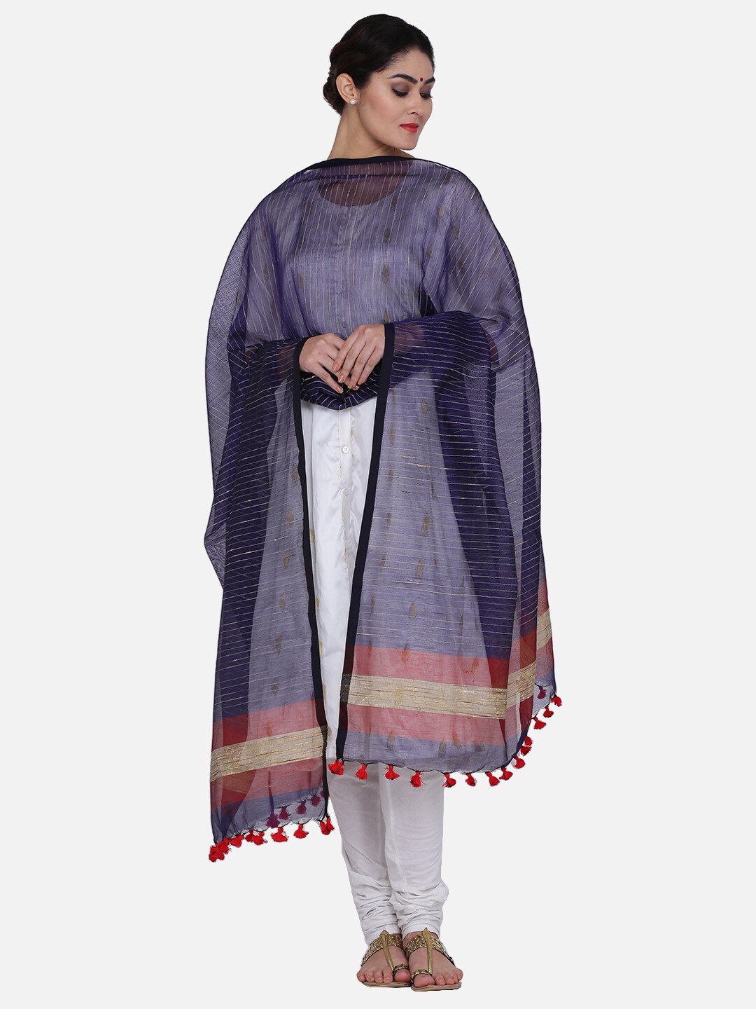 

THE WEAVE TRAVELLER Navy Blue & Red Striped Dupatta