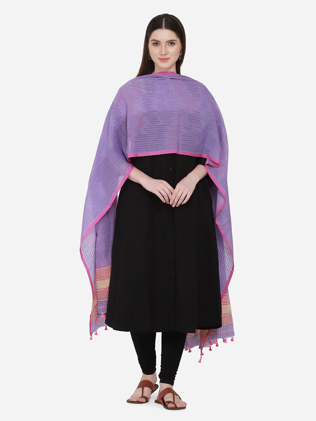 

THE WEAVE TRAVELLER Women Lavender & Pink Striped Pure Cotton Ikat Dupatta
