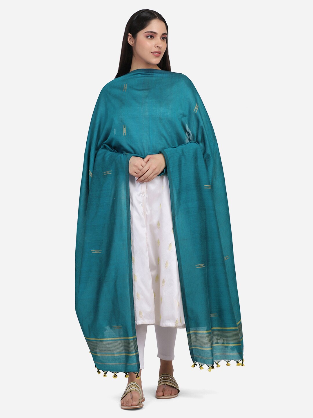 

THE WEAVE TRAVELLER Blue & Beige Woven Design Pure Cotton Dupatta