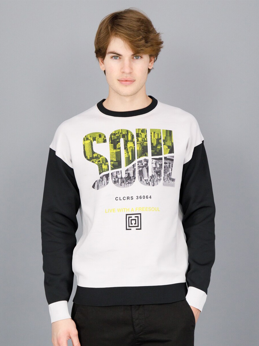 

FREESOUL Men Off White & Black Printed Polyester Sweatshirt