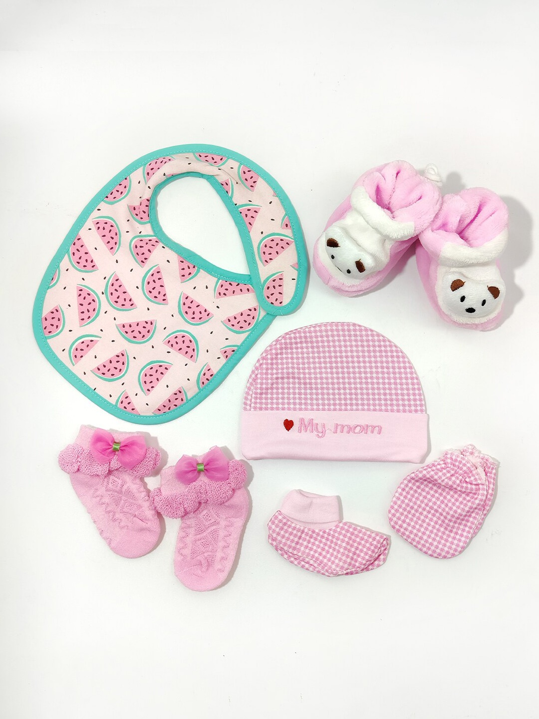 

Moms Home Infants Pink Set Of 6 Printed Pure Cotton Baby Apparel Gift Set