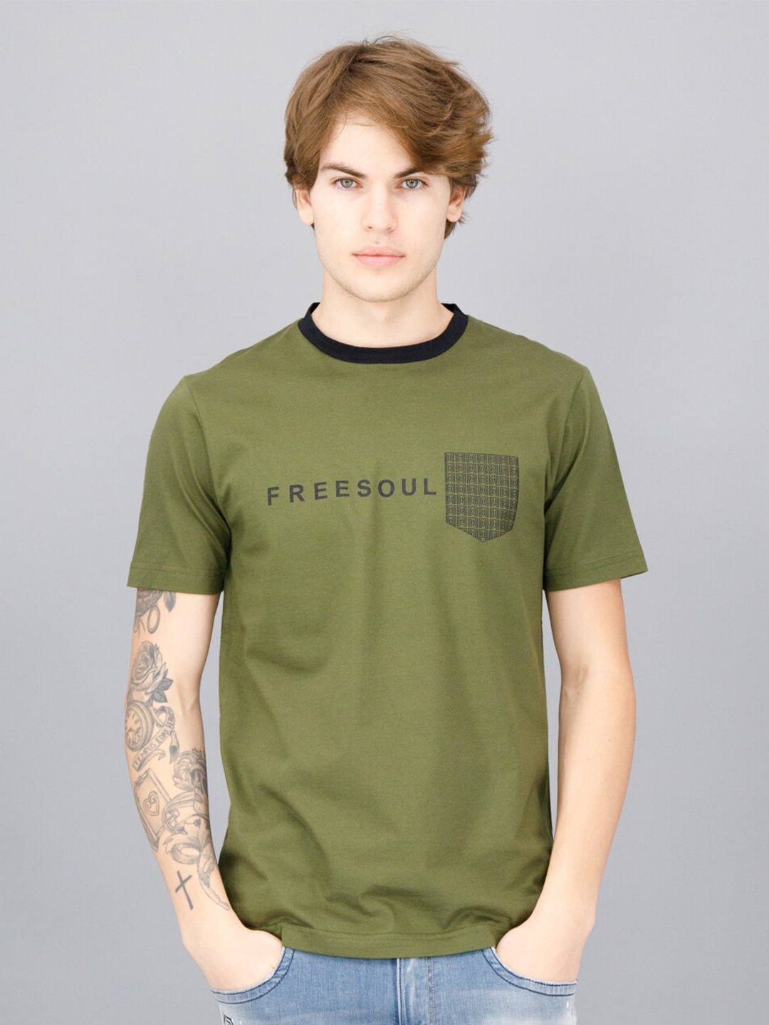 

FREESOUL Men Olive Green Typography Cotton T-shirt