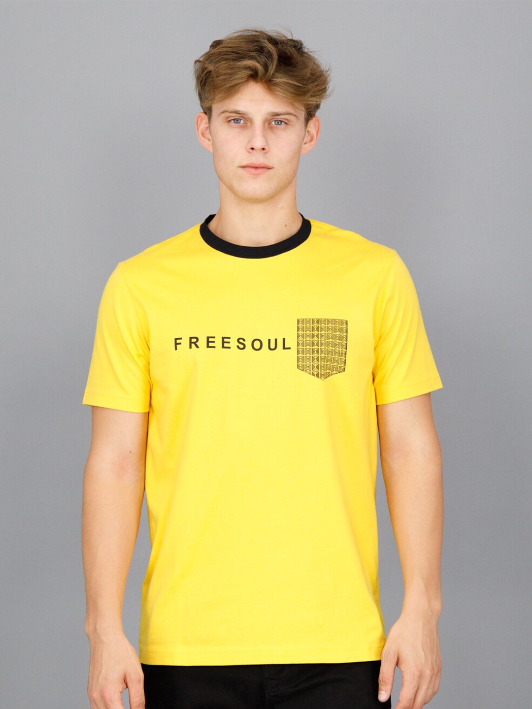 

FREESOUL Men Yellow Typography Printed Cotton T-shirt