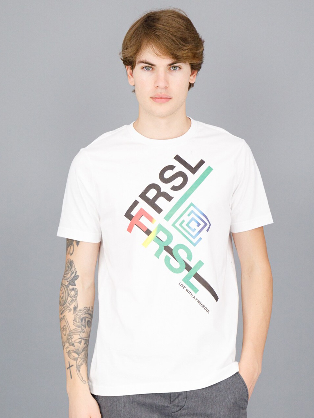 

FREESOUL Men White & Black Pure Cotton Printed T-shirt