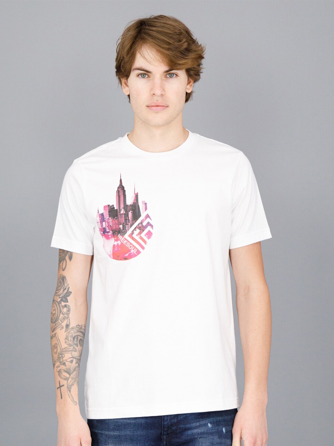 

FREESOUL Men White Pure Cotton T-shirt