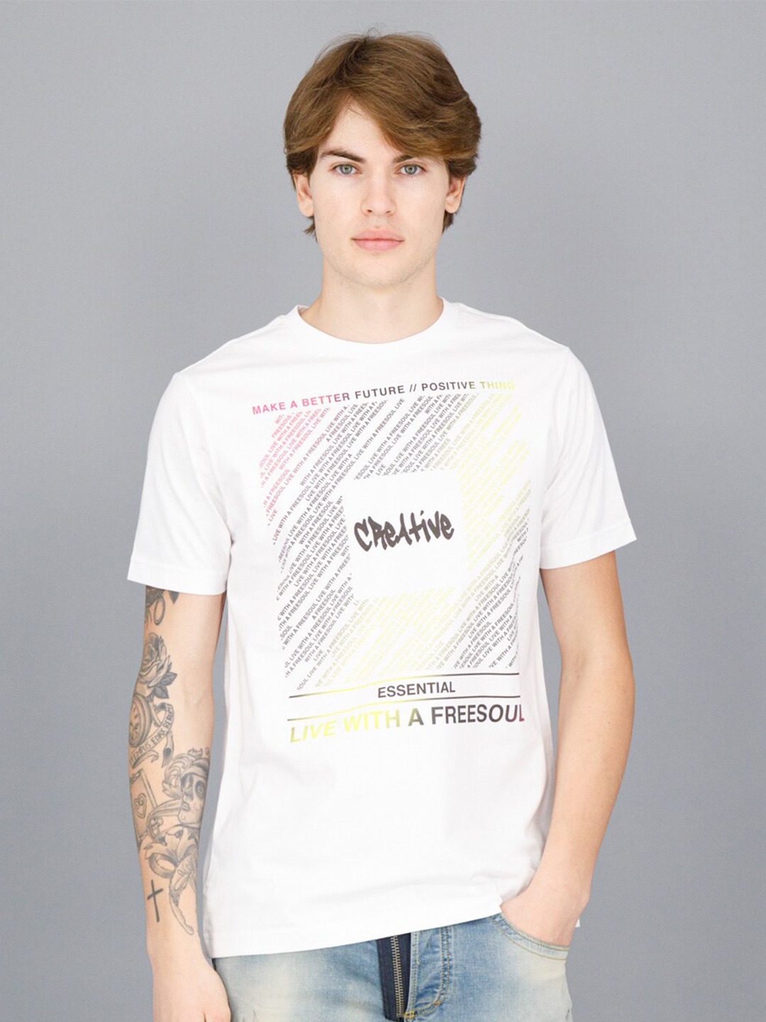 

FREESOUL Men White & Black Pure Cotton Printed T-shirt