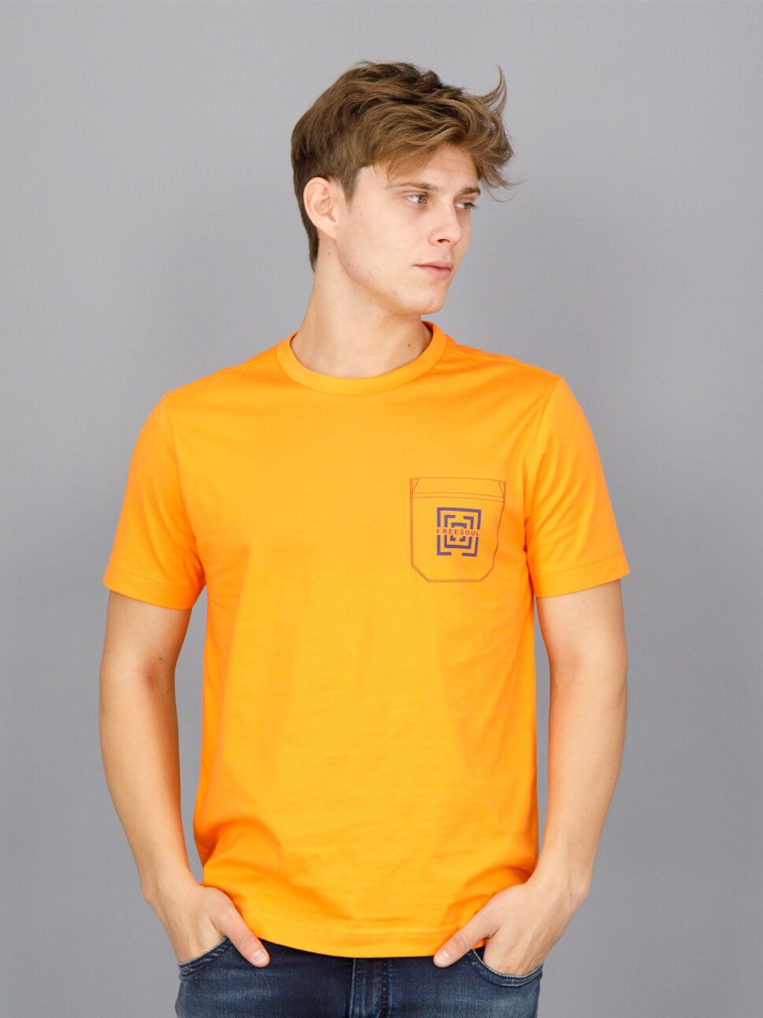 

FREESOUL Men Orange Cotton Solid T-shirt