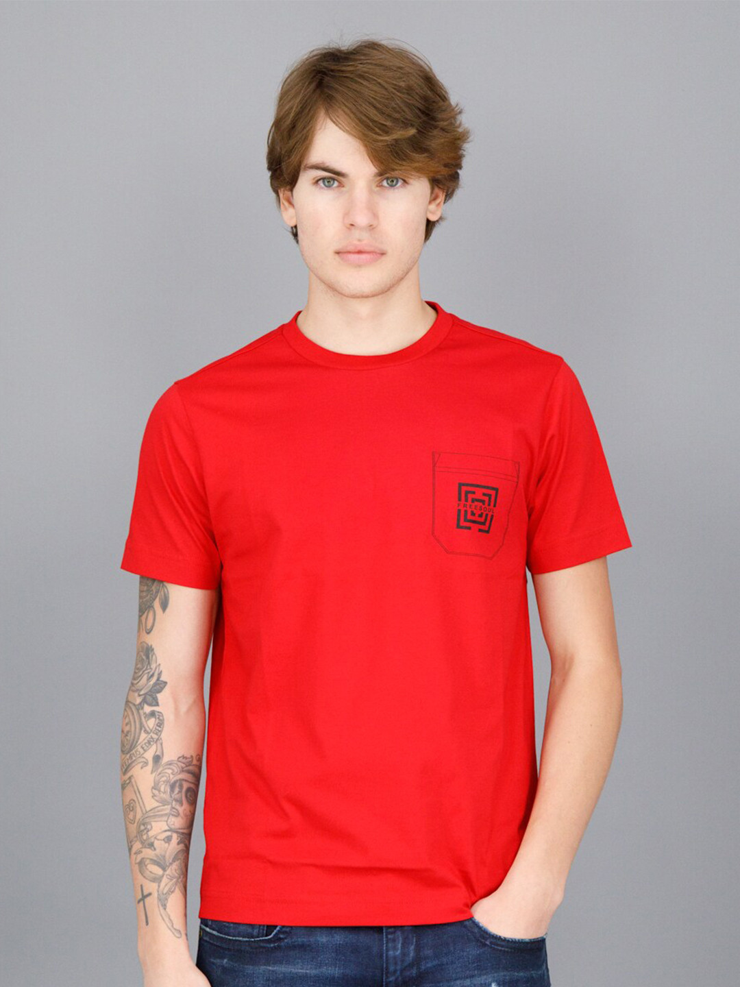 

FREESOUL Men Red Cotton Solid T-shirt