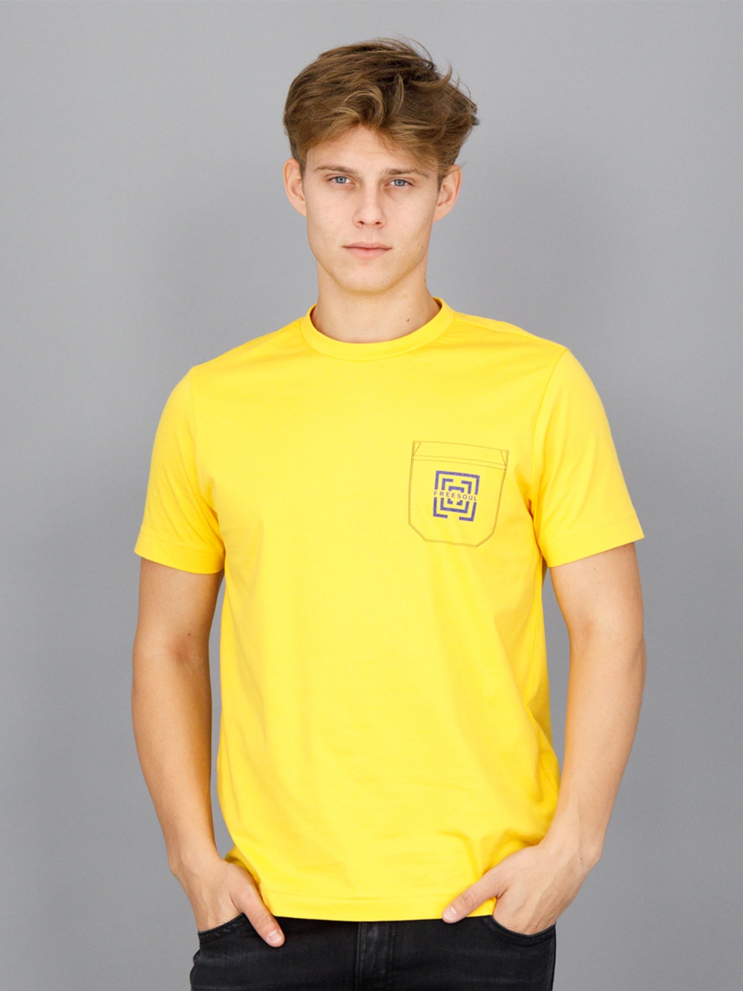 

FREESOUL Men Yellow Cotton Solid T-shirt