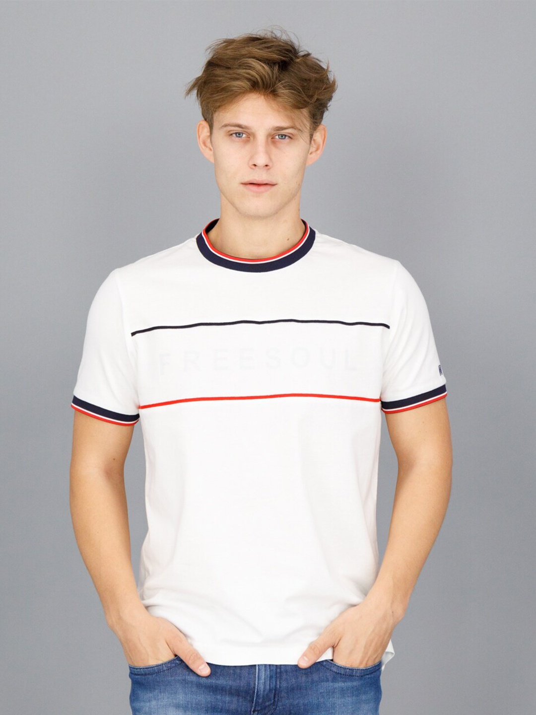 

FREESOUL Men White Striped T-shirt