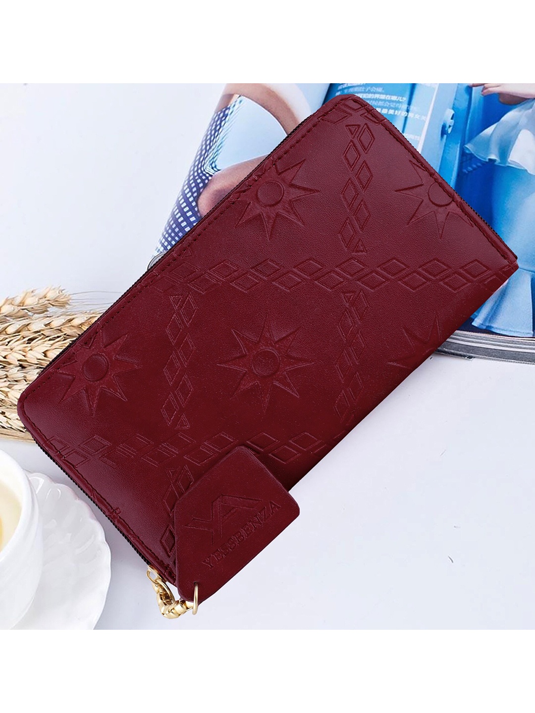 

YESSBENZA Women Zip Around Water Resistant Wallet with Passport Holder, Maroon