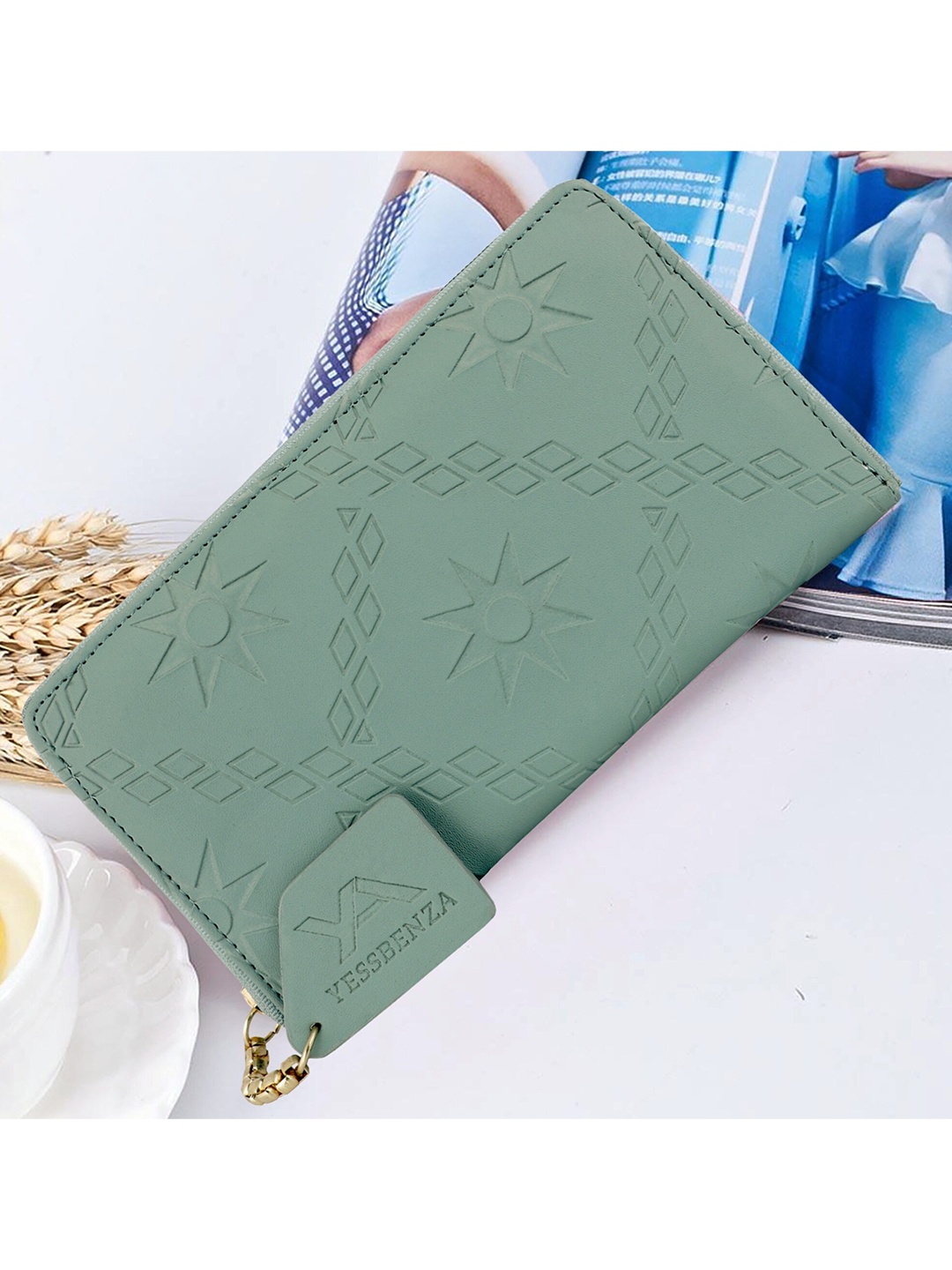 

YESSBENZA Women Textured Synthetic Leather Zip Around Wallet with Passport Holder, Green