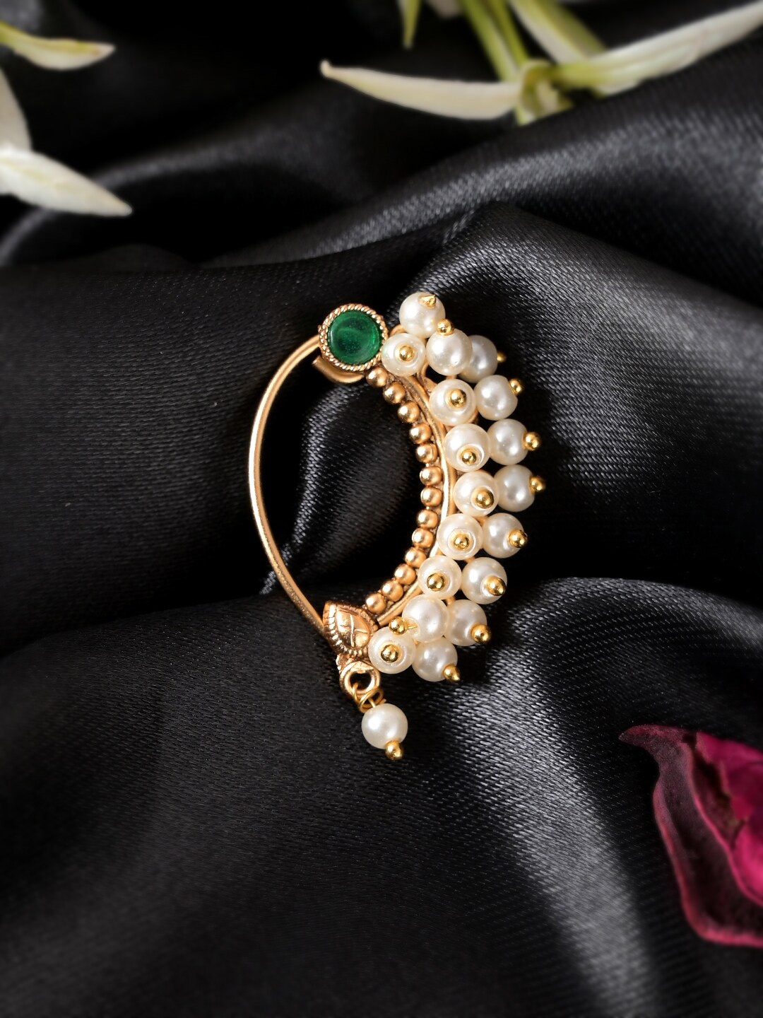 

AQUASTREET JEWELS Gold-Plated & Green Stone-Studded & Beaded Marathi Nath, White