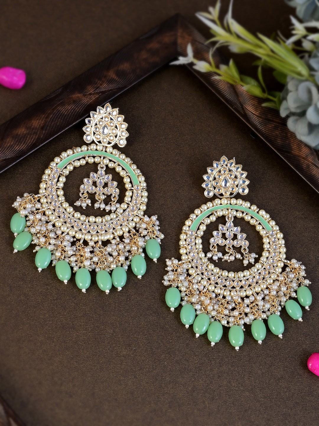 

AQUASTREET JEWELS Gold-Plated & Green Circular Chandbalis Earrings