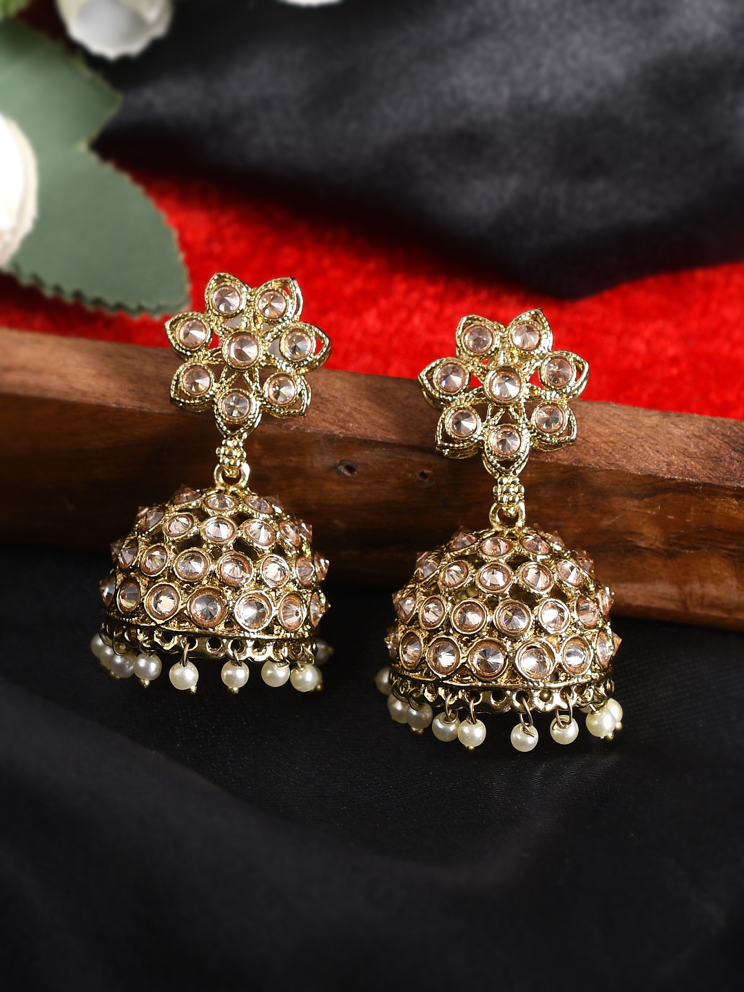 

AQUASTREET JEWELS Gold-Plated & White Dome Shaped Jhumkas Earrings