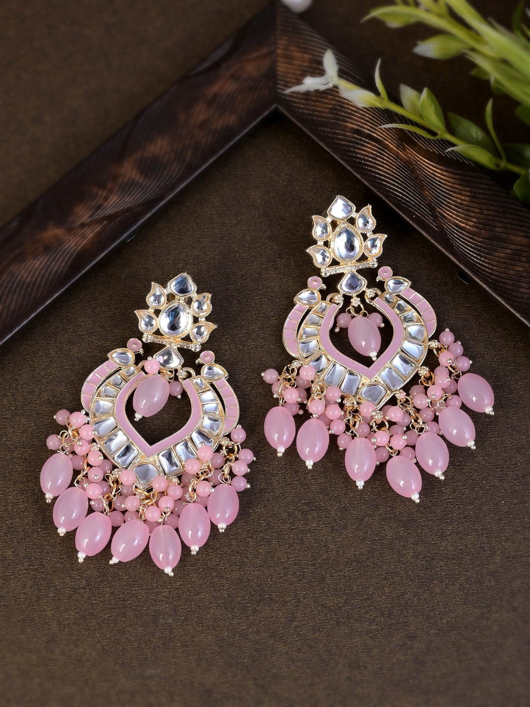 

AQUASTREET JEWELS Gold-Plated & Pink Crescent Shaped Chandbalis Earrings