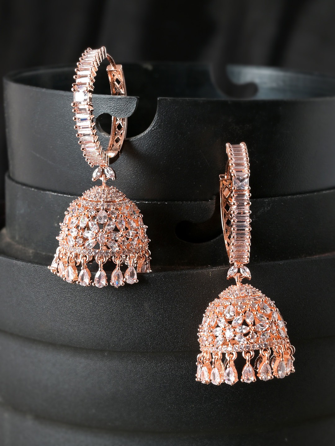 

AQUASTREET JEWELS Rose Gold Plated & White Dome Shaped Zircon CZ Jhumkas Earrings