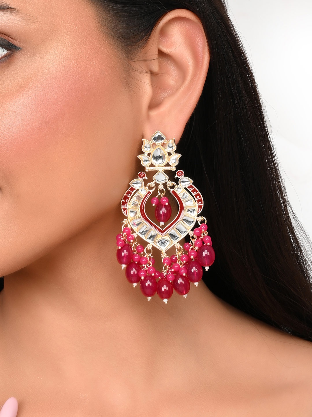 

AQUASTREET JEWELS Gold-Plated & Red Crescent Shaped Chandbalis Earrings