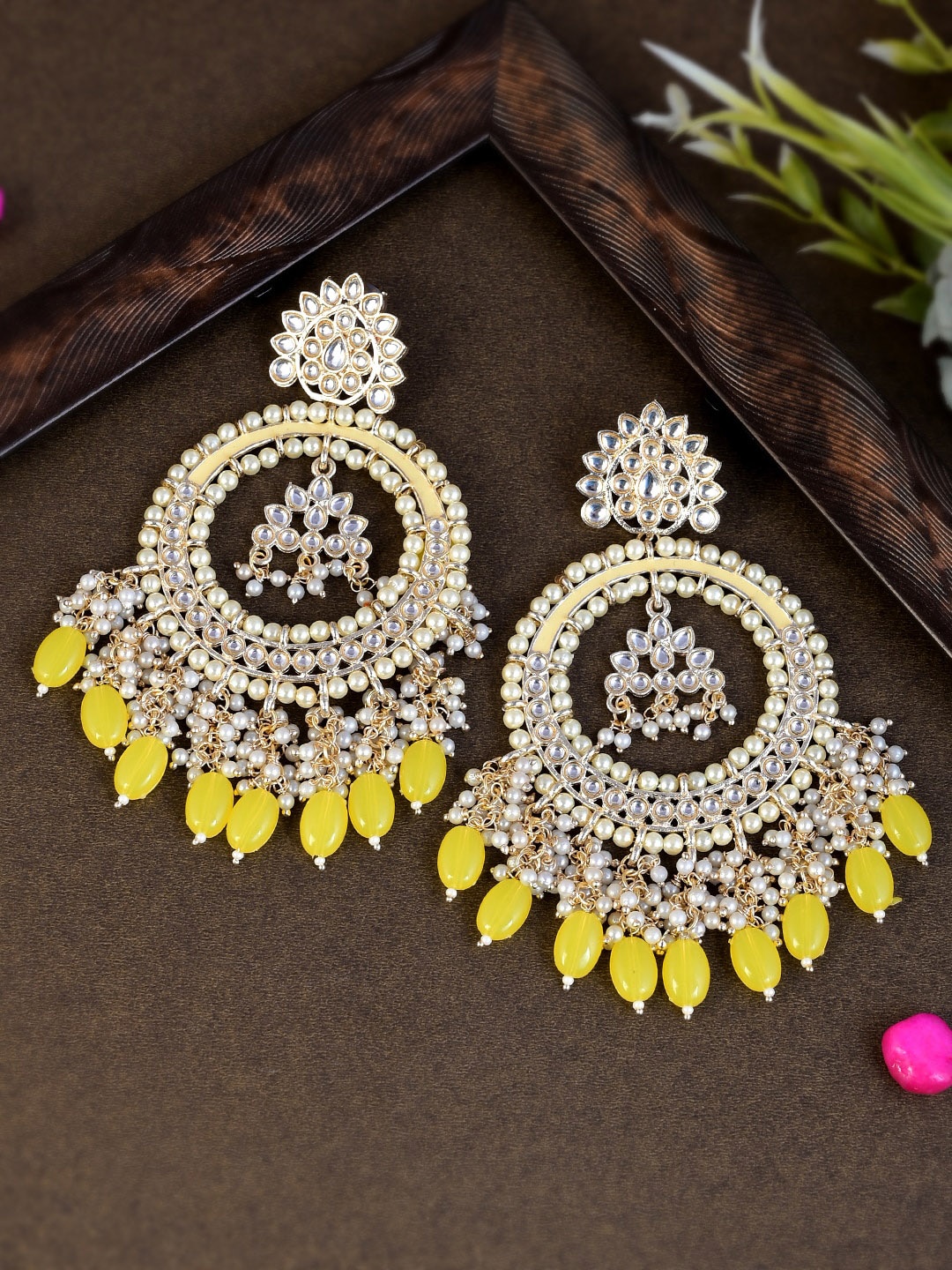 

AQUASTREET JEWELS Gold-Plated & Yellow Circular Chandbalis Earrings