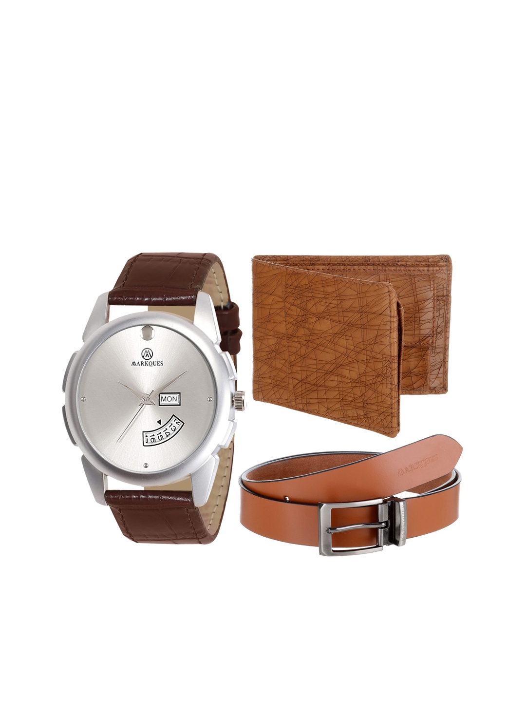 

MARKQUES Men Brown & Silver-Toned Solid Leather Accessory Gift Set