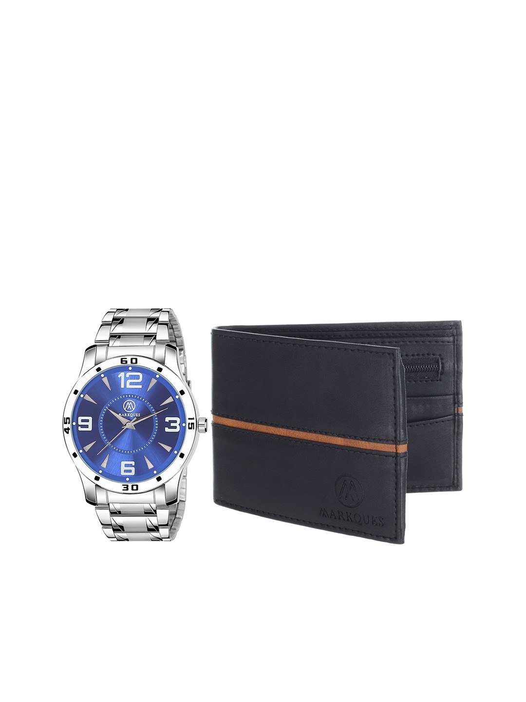 

MARKQUES Men Black & Sliver-Toned Watch Leather Accessory Gift Set