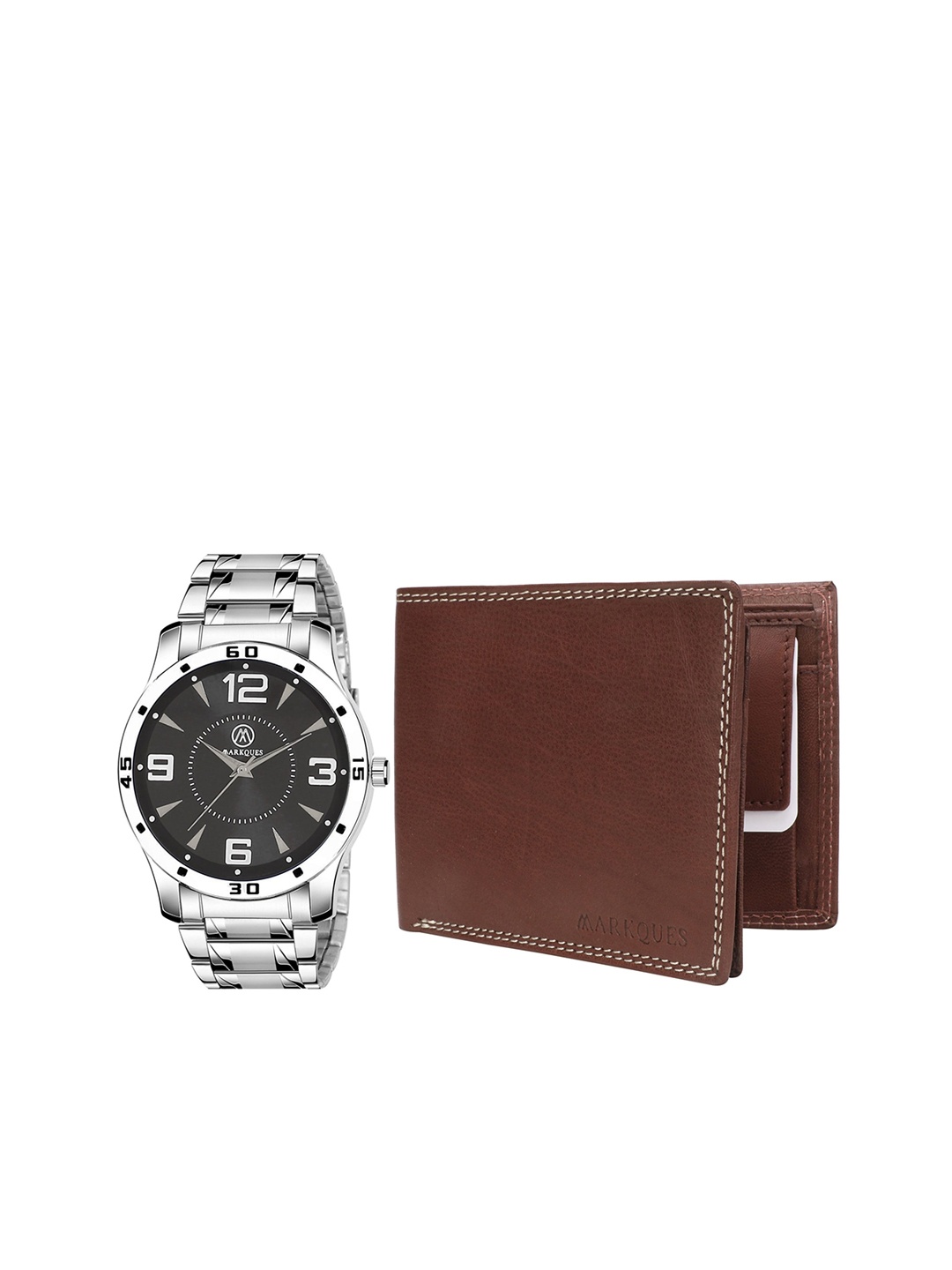 

MARKQUES Men Silver-Toned & Brown Solid Leather Accessory Gift Set